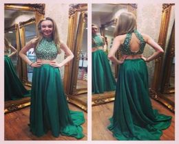 Dos piezas Beading Long Prom Dresses High Neck A Line Sweet Train Emerald Green Beading Goys Gotss Vestidos de Festa9520640