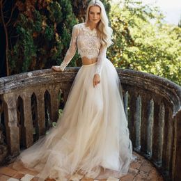 Deux pièces Boho Beach A Line Marid Robes Top Lace Lace Long Manches Appliques avec jupe de tulle Illusion Sexe Summer Country Bridal Bridal Brids 2024