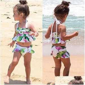 Tweedelige stukken gloednieuwe pasgeboren peuter kinderjongen kind kind meisje flamingo zwemkleding zwempak bikini 2pcs set badpak kostuum 16t dhl9e