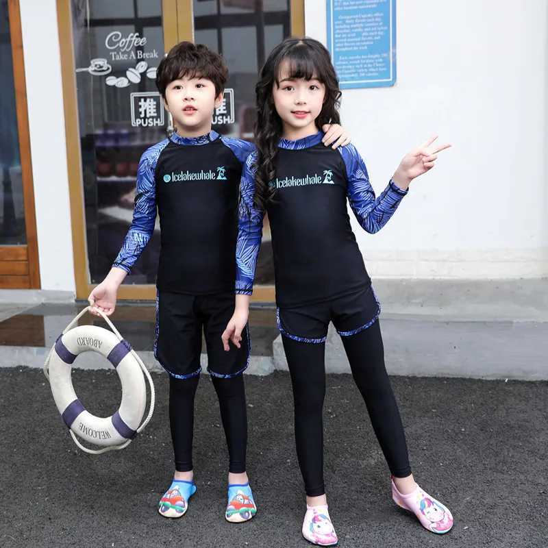 Dwuczęściowe dziecięce 3-osobowa koszula Rashguard z długim rękawem i łazienka Krótkie nogi stroju kąpielowa słońce UV Ochrona Ochrona wysypka strażnik pełny bodyl2405