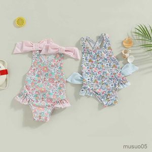 Tweedelige stukjes schattige Backless Kids Baby Girls Summer Swimsuit Bikini Peuter mouwloze kruisbloemprint Bowknot Ruffle Bathing Suit zwemkleding