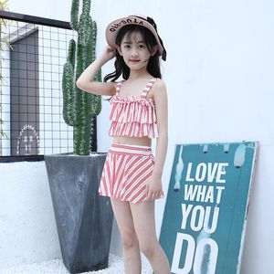 Tweedops schattige meid Split Swimwear Children Swimsuit Baby Striped Bathing Suit Kids Baby Girl Children Strand Wear met rok 5-12 jaar