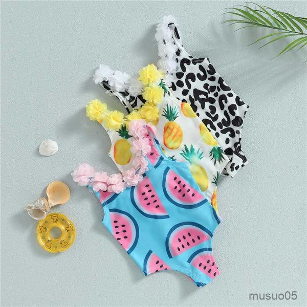 Traje de baño de dos piezas con estampado de flores para niña pequeña, Bikini de verano sin mangas con cuello, traje de baño con estampado de fruta/vaca