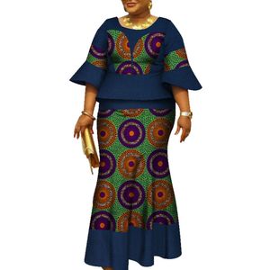 Robe deux pièces africaine, manches à volants, ensembles hauts et jupes imprimés pour femmes, Bazin Riche, vêtements africains, 2 pièces, jupes personnalisées, ensembles WY5712