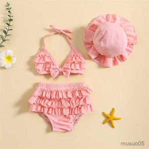 Two-Pieces Fashion Summer Newborn Baby Girls Swimwear Bikini Set Cute Bowknot Hanging Neck Tops Layered Ruffle Shorts Hat Beachwear