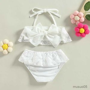 Traje de baño de dos piezas con lazo Floral para niñas pequeñas, conjunto de Bikini de verano sin mangas, Tops con cuello Halter, traje de baño de encaje con parte inferior de Bikini