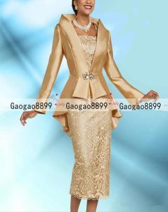 Twee stukken gouden moeder van de bruid jurken met jas elegante theellengte lange mouw vrouwen bruiloft gastenjurk formele avond GO6337129