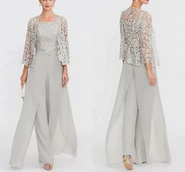 Twee stukken jumpsuits moeder van de bruid jurken met kanten jas zilvergrijs chiffon lange avond feestjurken broekpakjes plus size bruiloft gasten slijtage