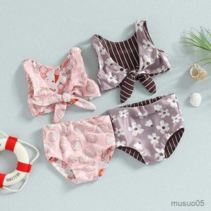 Trajes de baño de dos piezas para niños y niñas, traje de baño de Bikini con estampado Floral, Tops sin mangas con lazo y pantalones cortos, conjunto de traje de baño dividido