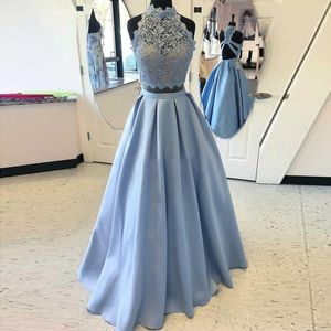 Deux pièces lumière bleu ciel robes de bal haut manches manches en dentelle Top robes de soirée dos Zipper Custom Made formelle robes de Noiva 2018
