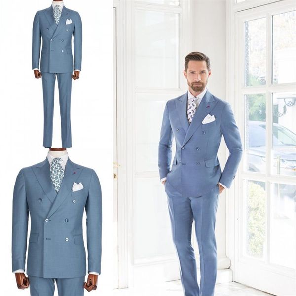 Trajes de dos piezas para hombre, esmoquin de boda azul real hecho a medida, esmoquin de doble botonadura, chaqueta con solapa en pico, abrigo de negocios + pantalón