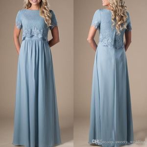 Deux pièces robes de demoiselle d'honneur rose modeste avec manches courtes bleu poussiéreux dentelle haut robes de soirée formelles Boho robe de soirée de mariage