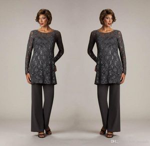 Twee Stukken Moeder Van De Bruid Suits Glitter Lace Top Chfifon Broek Plus Size Bruiloft Gast Jurken Custom Made DH4025