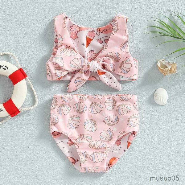 Trajes de baño de dos piezas para niñas, traje de baño con estampado Floral, conjunto de Bikini sin mangas con lazo, estampado de dibujos animados, traje de baño infantil para niños