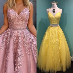 Twee stukken prom jurken 2020 militaire bal formele evenementen jurken ballgown spaghetti halslijn kant applicaties backless pageant party slijtage