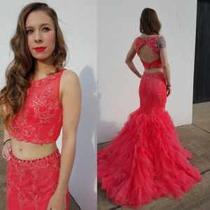 Twee stukken prom jurken juweel mouwen kralen applique zeemeermin avondjurken open rug tiered ruche op maat gemaakte vestidos de novia 2017