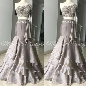 Twee stukken prom jurken een schouder kant en chiffon rok avondjurken lagen vloer lengte formele feestjurk op maat gemaakt