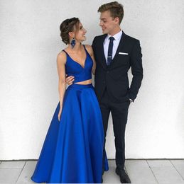 Dos piezas azul real vestidos de baile vestidos de fiesta de noche separados Crop Top vestido de graduación vestido de noche satén