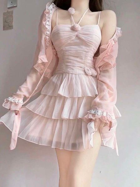 Dos piezas ambientadas rosa sexy y k estética vestida de pelota de balón vestido camisole japonesa mujer dulce grunge de manga larga