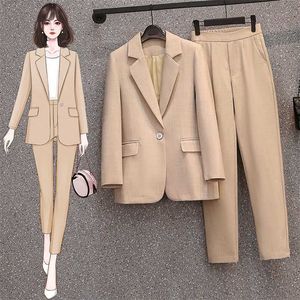 Deux pièces Ensemble Femmes Simple Boutonnage Manches Longues Couleur Solide Bureau Blazer Veste Élégant Slim Tops Taille Haute Pantalon Costumes 211122