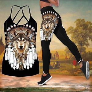 Twee stukken set vrouwen wolf print mouwloze top en legging broek yoga pak running fitness gym workout casual pakken mode 220315