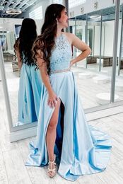 Twee stukken Side Split Lange Sweep Prom Dresses 2022 Halter Hals Mouwloze Kant Top Bruid Party Avond Formal Banquet Dameskleding