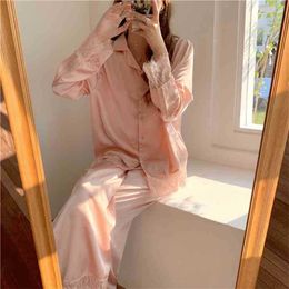 Twee stukken pak vestigans solide kant zijden nachtkleding zoete zachte casual homewear losse mode pyjama set 210525