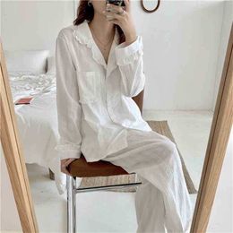 Twee stukken passen zoete solide katoenen zachte nachtkleding zachte casual losse mode lange mouwen pyjama's set 210525