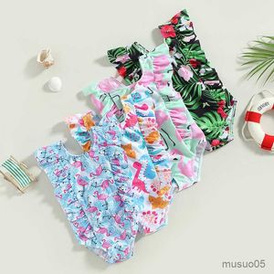 Deux pièces été bébé fille bikini maillots de bain maillots de bain enfant en bas âge dessin animé dinosaure/flamant/feuille imprimé à volants sans manches maillot de bain maillot de bain