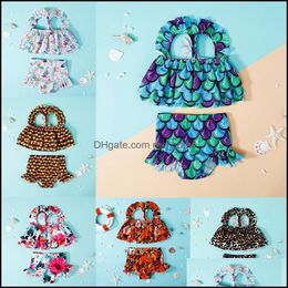 Two-Pieces Zwemmen Baby Kinderkleding Baby, Moederschap Kinderen Mermaid Floral Leopard Print Badmode Ruffle Sling Tops + Zwem Trunks 2 stks / set C