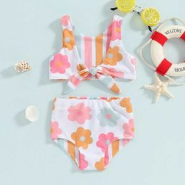 Tweedelende peuterbabymeisje badpak Tweede stuk zwempak Floral Konted tankini top zwem shorts bikini set badmode H240508