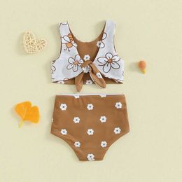 Tweedelende peuterbabymeisje Tweede stuk zwempak Bikini set Mouwloze bloemenprint Tankini Badini Badini Strand Swimwear H240508