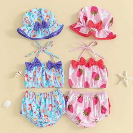 Tweedops peuter Baby Girls Swimsuit Strawberry/Mermaid Print Bikini 3 stuks Bathing Suit Summer Beach Outfits Set H240508