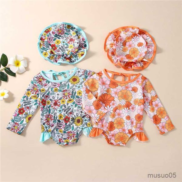 Maillot de bain deux pièces pour bébés filles, imprimé Floral, manches longues, pour piscine, printemps, avec bonnet de bain, été