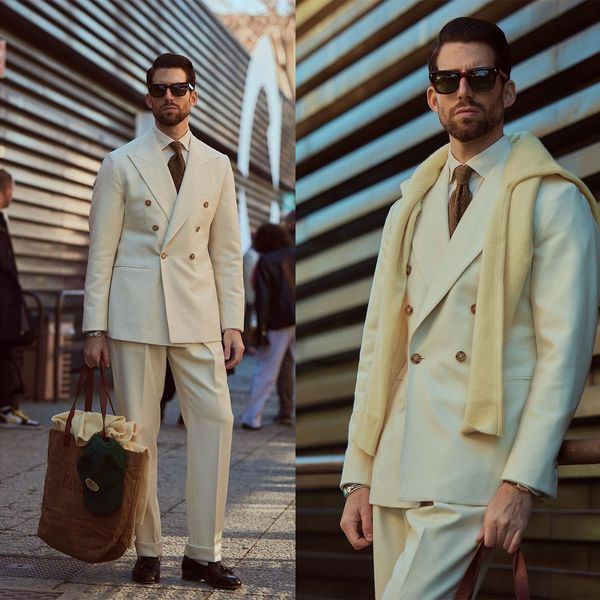 Tuxedos de mariage deux pièces pour hommes, costumes élégants et formels, couleur unie, coupe à rayures, veste à double boutonnage, poches à revers personnalisées, manteau et pantalon du marié