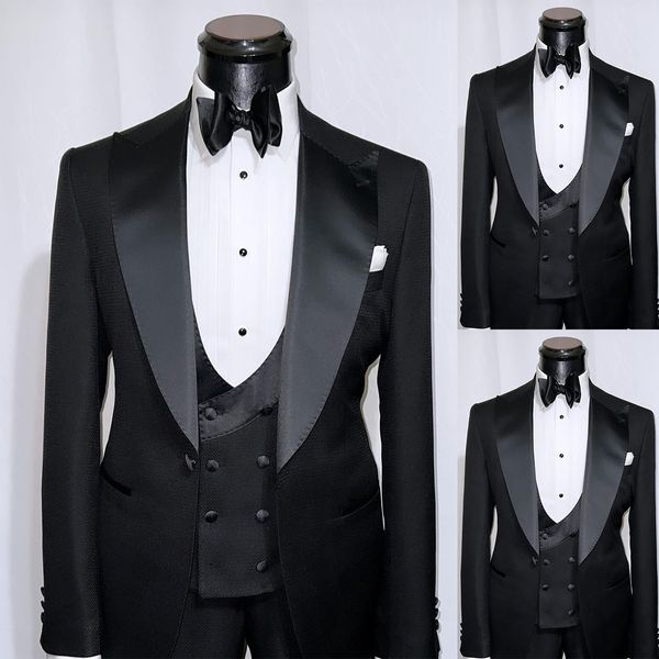 Deux pièces smokings de mariage hommes costumes mode veste de costume formelle avec double boutonnage en cuir personnalisé poches à revers en pointe gilet de manteau de marié