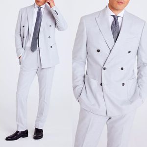 Deux pièces smokings de mariage hommes costumes blanc gris moderne formel double boutonnage coupe ajustée poches revers marié trois paquets