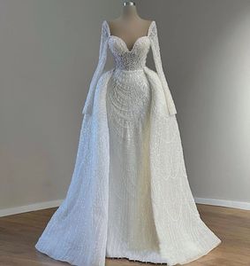 Deux pièces robe de mariée blanche 2024 avec train détachable chérie manches longues perles paillettes robes de mariée formelles nouveau design robes de novia