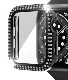 Estuche de diamante de dos filas para Apple Watch Series 6 SE 5 4 Marco de PC + Protector de pantalla completa de vidrio templado Parachoques