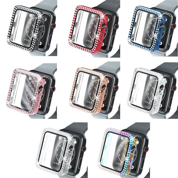 Boîtier en verre diamant à deux rangées pour Apple Watch série 6 SE/5/4/3/2, housse de protection complète, iWatch 44/40mm 42/38mm 41/45mm