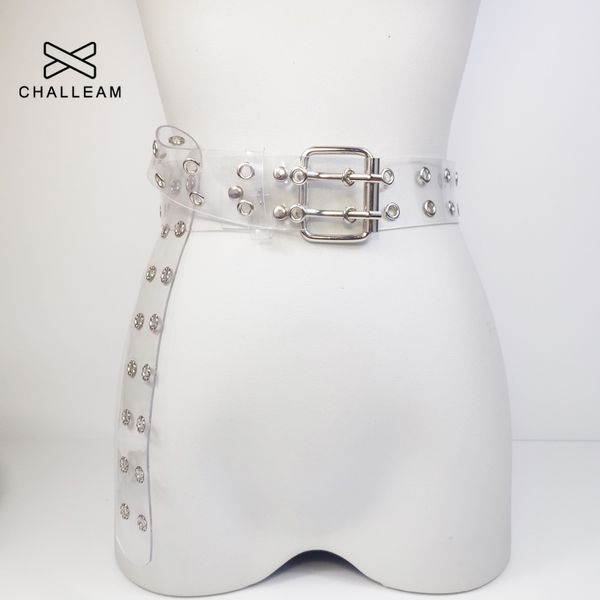 Ceinture transparente en PVC à deux rangées pour femmes, boucle ardillon, pantalon de taille blanc, ceintures transparentes pour dames, ceinture à œillets 154