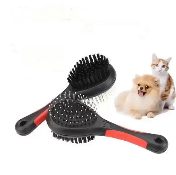 Brosse à poils de chien double face Brosse de toilettage pour chat de compagnie double face Outils de râteau Peigne de massage en plastique avec aiguille FY5365
