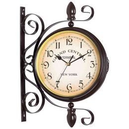 Tweezijdige metalen wandklok vintage stille woonkamer dubbel gezicht klokken ijzer klokken amerikaanse muur horloge horloge muurschildering decor H1230