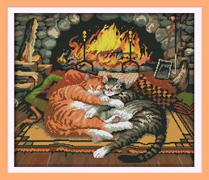 Deux chats endormis sur la peinture de décor de tapis, outils d'artisanat de point de croix faits à la main, ensembles de travaux d'aiguille de broderie comptés, impression sur toile DMC 14CT / 11CT
