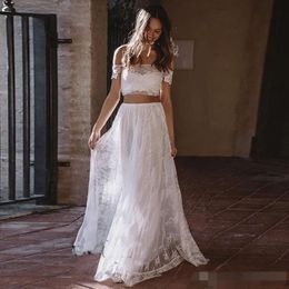 Twee mouwen strand afgedekte jurken stuk 2020 kanten appliqued tule vloer lengte bruidsjurk op maat gemaakte vestido de novia