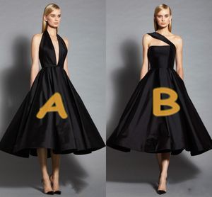 Twee stijl kleine zwarte avondjurken 2017 diepe v-hals of een schouder satijn prom jurken thee lengte formele partij cocktail jurken