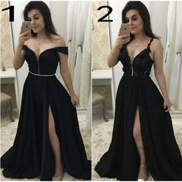Twee stijlen zwart A line prom jurken High Side Split Lace Applique Off Shoulder Floor Lengte Formele jurk avondkleding feestjurken Vestidos 0430