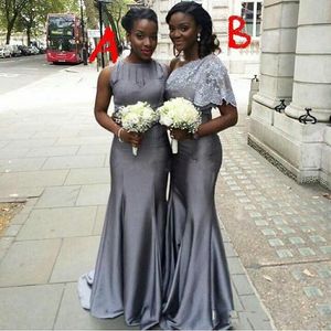 Twee stijlen zilvergrijs lange bruidsmeisje jurken ruches zeemeermin meid van eer feest jurken op maat gemaakte topkwaliteit satijnen avondjurken