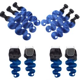Twee Tone 1 B / Blue Braziliaanse Body Wave Virgin Hair Bundels met Sluiting 3 Bundels met 4 * 4 Kantsluiting Menselijk Haar voor zwarte vrouwen