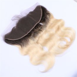 TWEE TONE 1B / 613 Blonde Ombre Menselijk Haar Kant Frontale Sluiting 13x4 met Baby Haar Body Wave Dark Root Blonde Full Lace Frontals